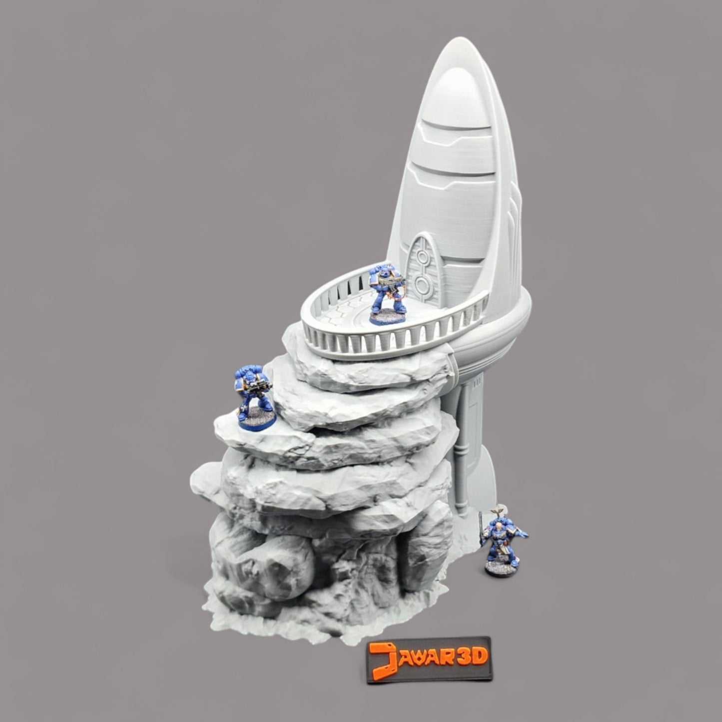 Wargaming 28mm scatter terrain scenery showing 3D-printed Irix Outpost to be compatible with games such as Warhammer 40K, Star Wars Legions, D+D, Dungeons and Dragons, Sci-Fi, Fantasy and other miniature tabletop games. Brand Jawar3d.