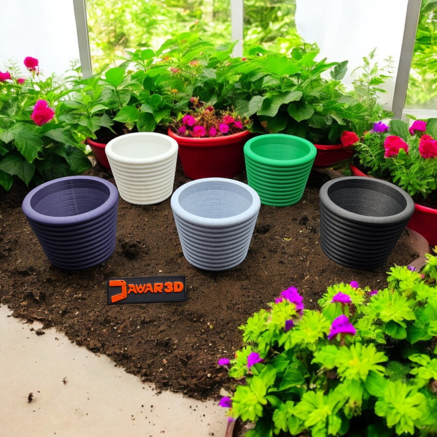 A modern 3D-printed plant pot made from eco-friendly PLA with a minimalist design. Perfect for succulents, cacti, or small plants. Lightweight, durable, and decorative, it blends sustainability with style, ideal for home or office décor. Jawar3d