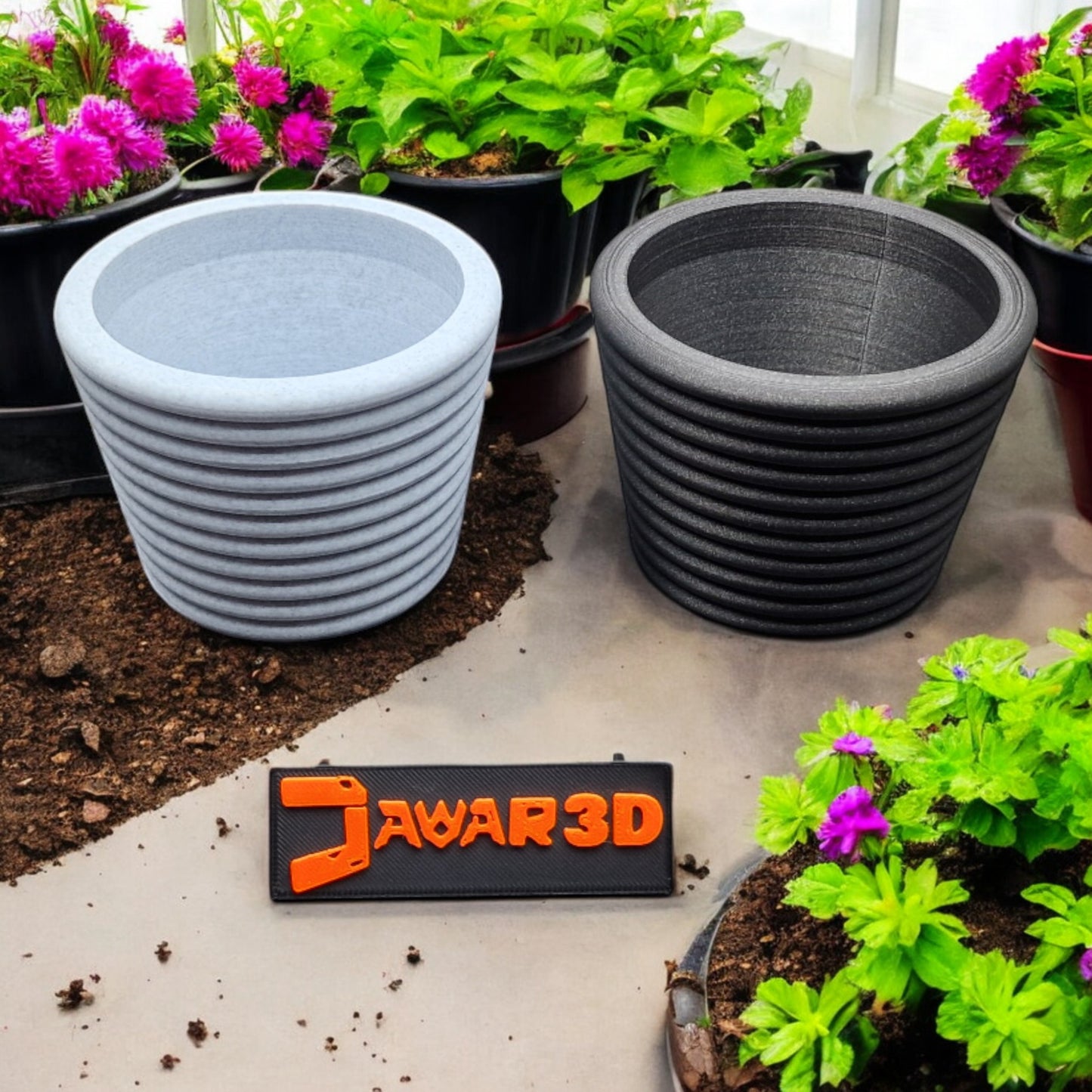 A modern 3D-printed plant pot made from eco-friendly PLA with a minimalist design. Perfect for succulents, cacti, or small plants. Lightweight, durable, and decorative, it blends sustainability with style, ideal for home or office décor. Jawar3d
