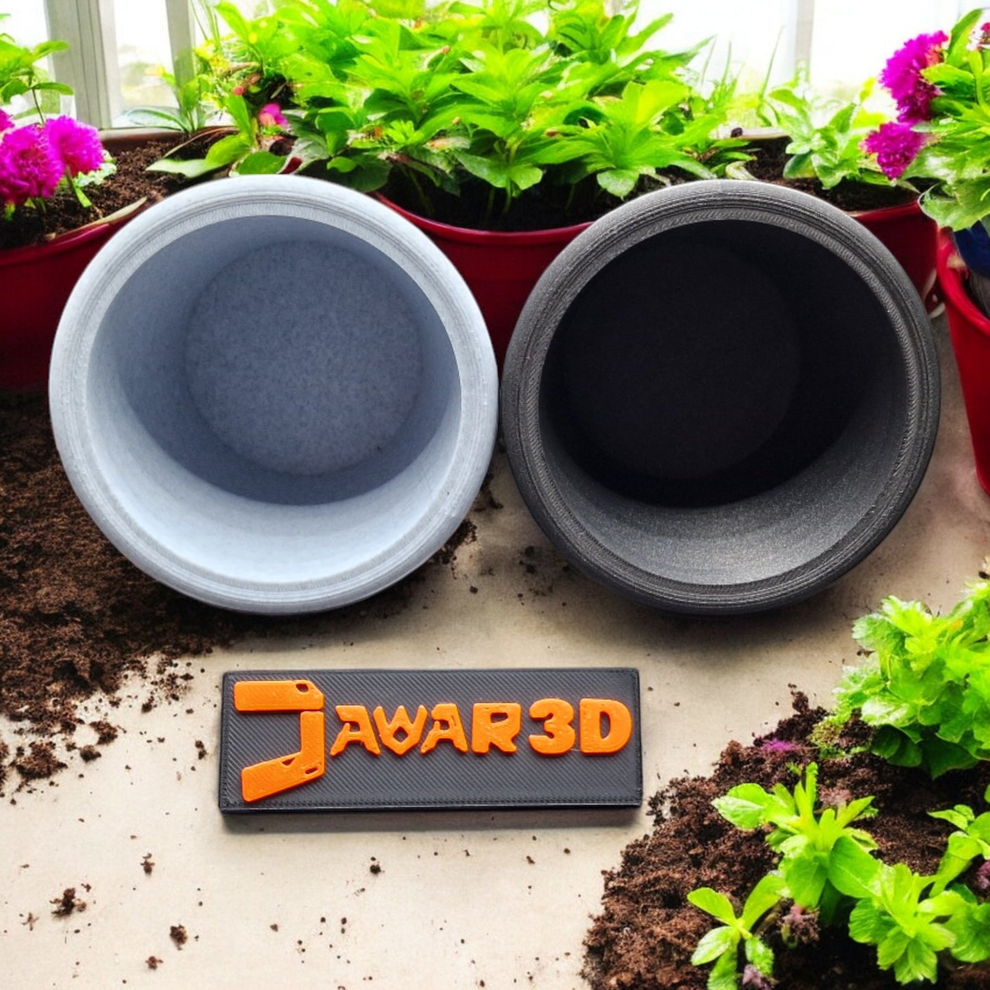 A modern 3D-printed plant pot made from eco-friendly PLA with a minimalist design. Perfect for succulents, cacti, or small plants. Lightweight, durable, and decorative, it blends sustainability with style, ideal for home or office décor. Jawar3d