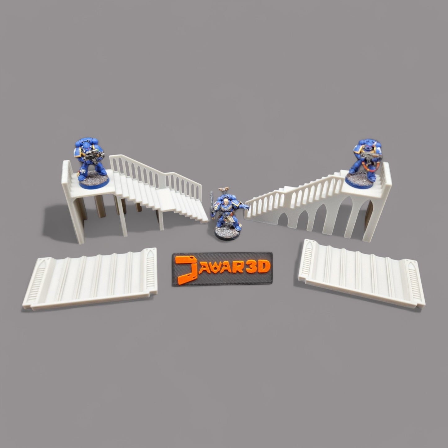 Wargaming 28mm scatter terrain scenery showing 3D-printed Base_Stairs to be compatible with games such as Warhammer 40K, Star Wars Legions, D+D, Dungeons and Dragons, Sci-Fi, Fantasy and other miniature tabletop games. Brand Jawar3d.