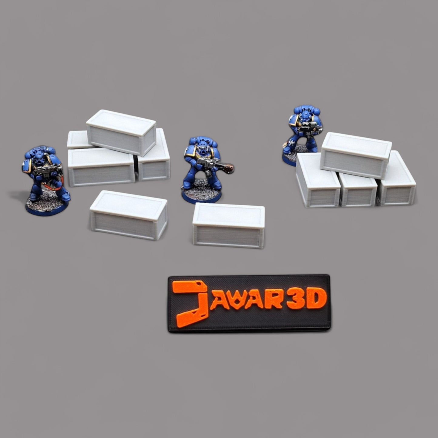 Wargaming 28mm scatter terrain scenery showing 3D-printed 2_Crate to be compatible with games such as Warhammer 40K, Star Wars Legions, D+D, Dungeons and Dragons, Sci-Fi, Fantasy and other miniature tabletop games. Brand Jawar3d.