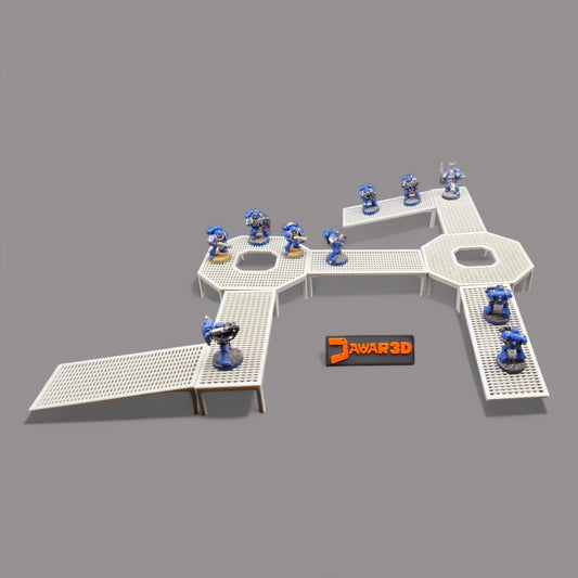 Wargaming 28mm scatter terrain scenery showing 3D-printed Footbridge set to be compatible with games such as Warhammer 40K, Star Wars Legions, D+D, Dungeons and Dragons, Sci-Fi, Fantasy and other miniature tabletop games. Brand Jawar3d.