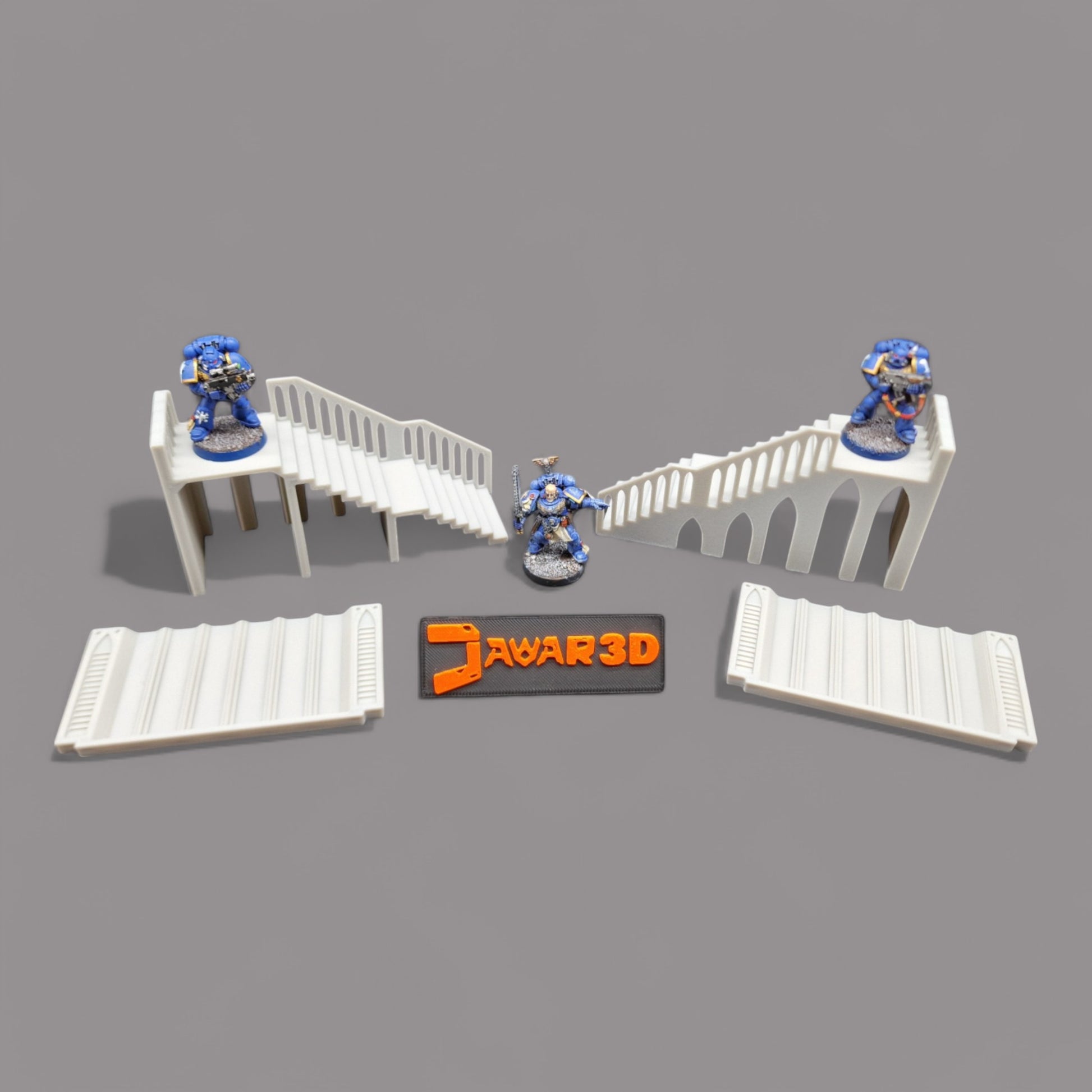 Wargaming 28mm scatter terrain scenery showing 3D-printed Base_Stairs to be compatible with games such as Warhammer 40K, Star Wars Legions, D+D, Dungeons and Dragons, Sci-Fi, Fantasy and other miniature tabletop games. Brand Jawar3d.