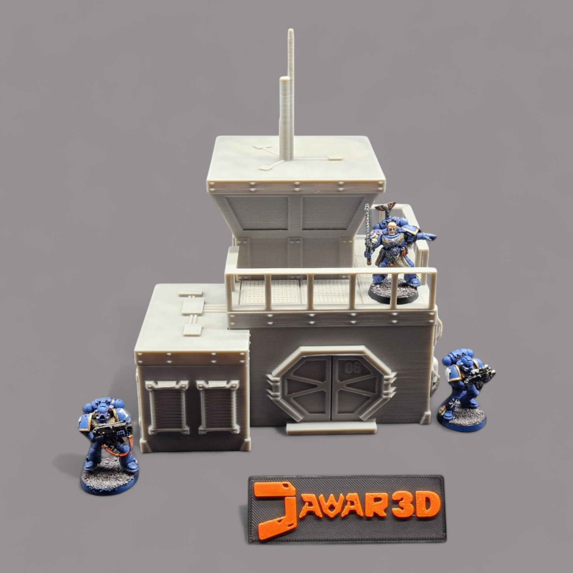 Wargaming 28mm scatter terrain scenery showing 3D-printed sci-fi outpost to be compatible with games such as Warhammer 40K, Star Wars Legions, D+D, Dungeons and Dragons, Sci-Fi, Fantasy and other miniature tabletop games. Brand Jawar3d.