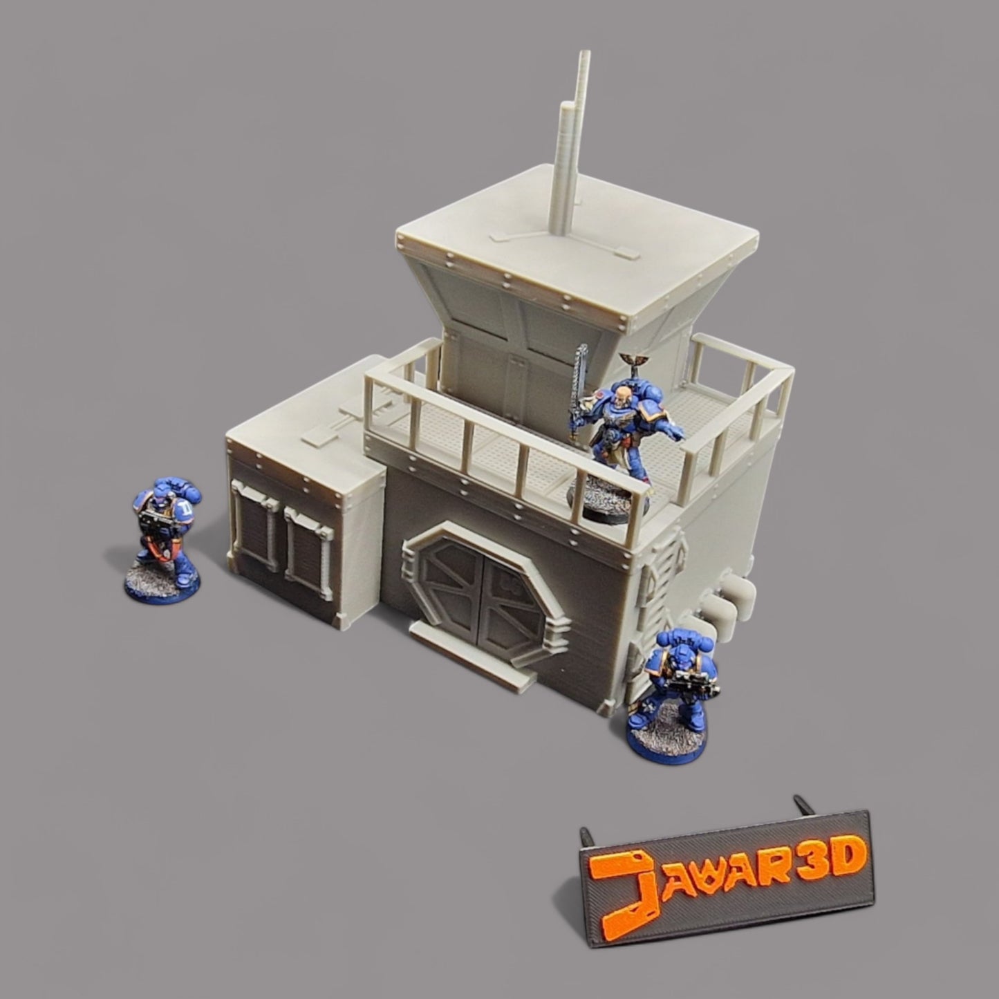 Wargaming 28mm scatter terrain scenery showing 3D-printed sci-fi outpost to be compatible with games such as Warhammer 40K, Star Wars Legions, D+D, Dungeons and Dragons, Sci-Fi, Fantasy and other miniature tabletop games. Brand Jawar3d.