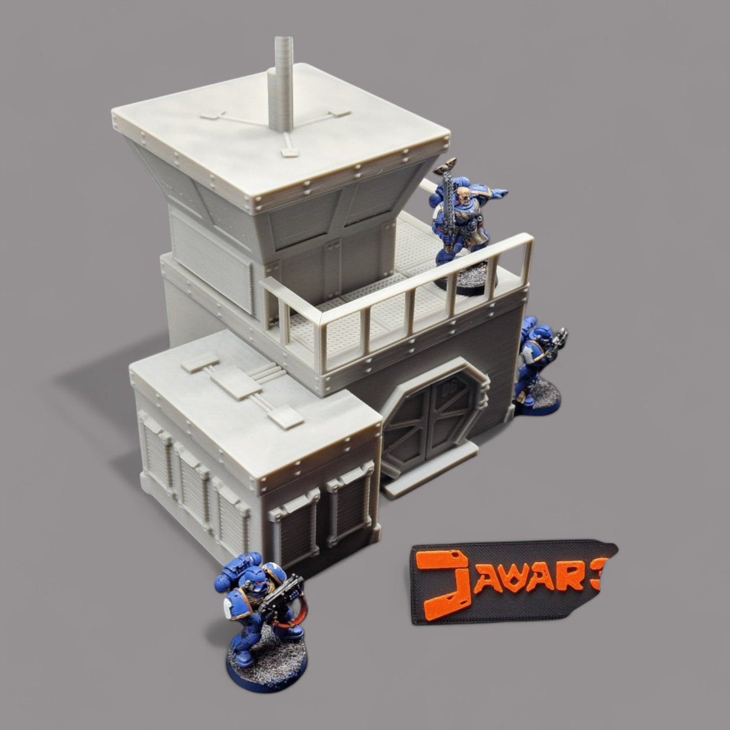 Wargaming 28mm scatter terrain scenery showing 3D-printed sci-fi outpost to be compatible with games such as Warhammer 40K, Star Wars Legions, D+D, Dungeons and Dragons, Sci-Fi, Fantasy and other miniature tabletop games. Brand Jawar3d.