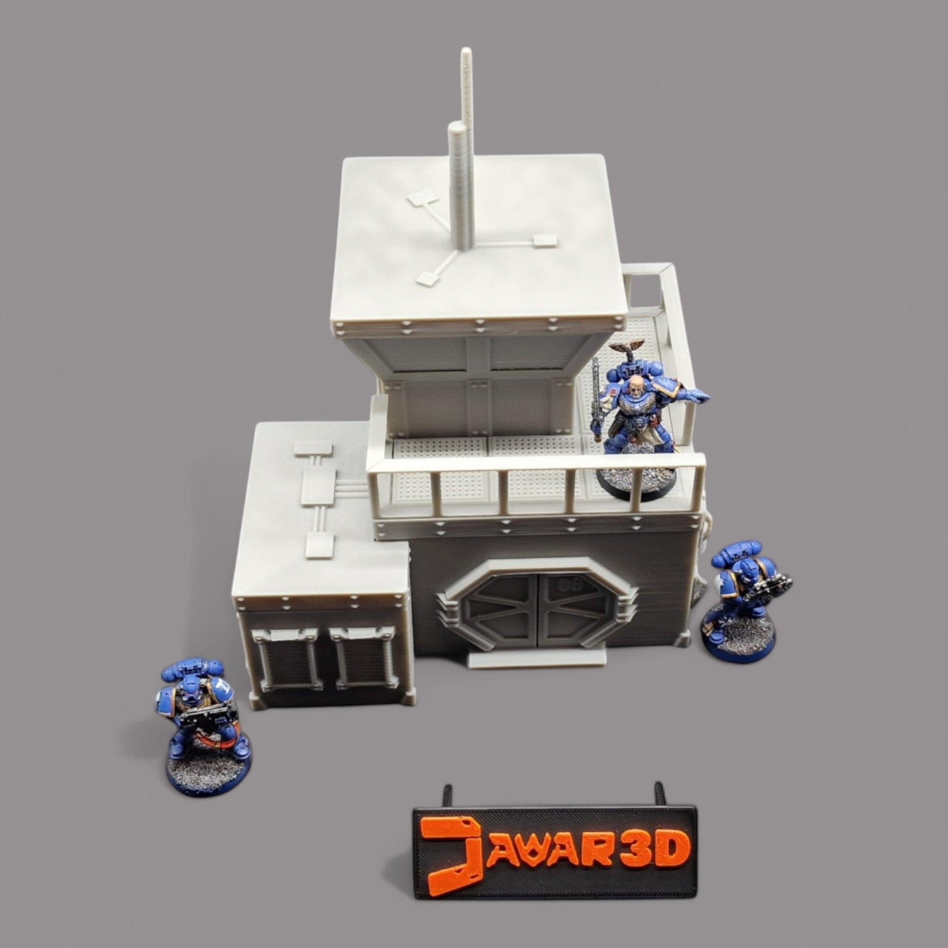 Wargaming 28mm scatter terrain scenery showing 3D-printed sci-fi outpost to be compatible with games such as Warhammer 40K, Star Wars Legions, D+D, Dungeons and Dragons, Sci-Fi, Fantasy and other miniature tabletop games. Brand Jawar3d.